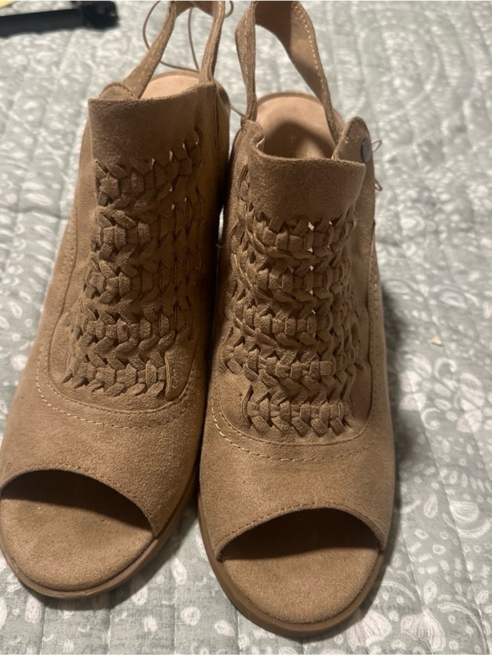 Tan Woven Suede Peep-Toe Heels - Altard State